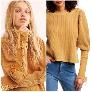 Free People Tasha lace-up sleeve thermal mustard top